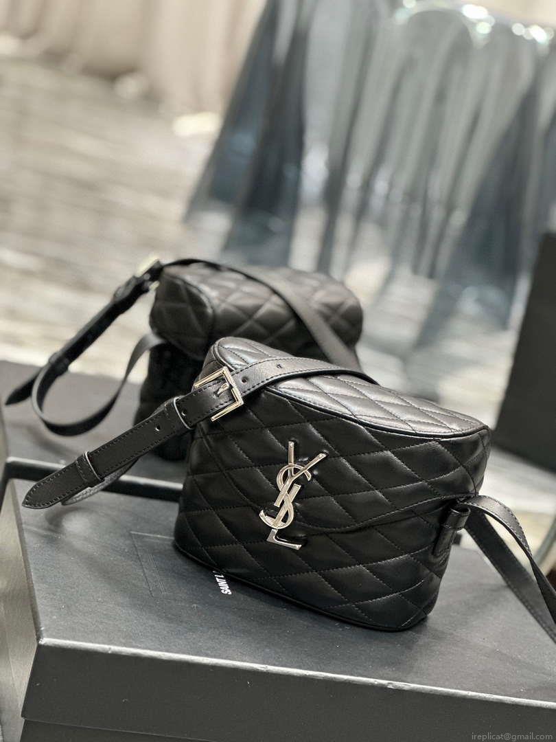 YSL 710080 June Box Bag In Quilted Patent Leather Black with Silver