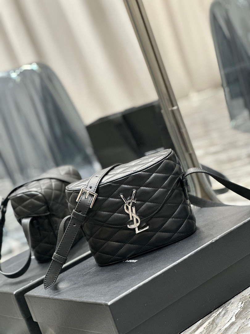 YSL 710080 June Box Bag In Quilted Patent Leather Black with Silver