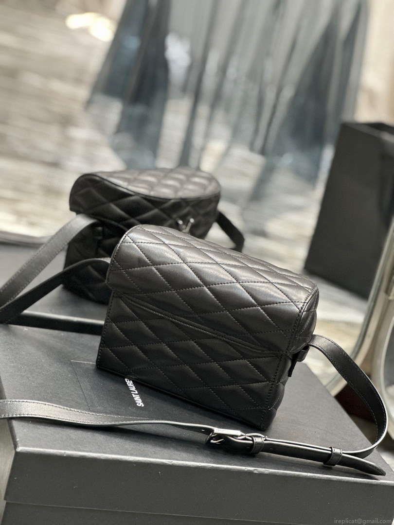 YSL 710080 June Box Bag In Quilted Patent Leather Black with Silver