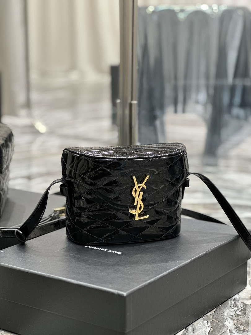 YSL 710080 June Box Bag In Quilted Patent Leather Black with Gold