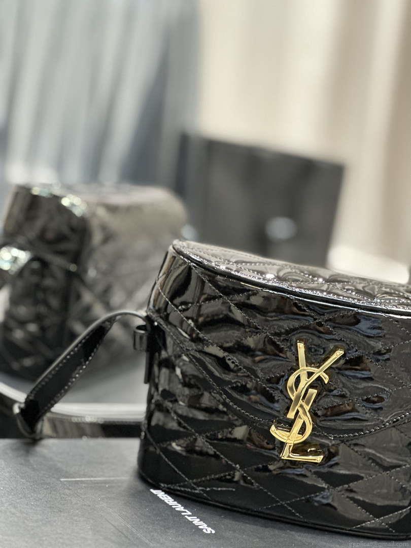 YSL 710080 June Box Bag In Quilted Patent Leather Black with Gold