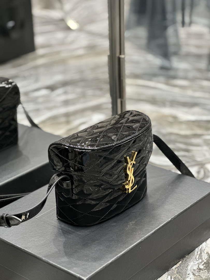 YSL 710080 June Box Bag In Quilted Patent Leather Black with Gold