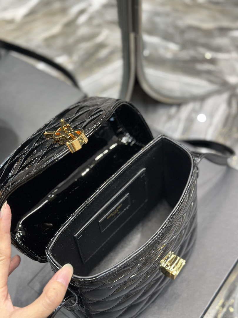 YSL 710080 June Box Bag In Quilted Patent Leather Black with Gold