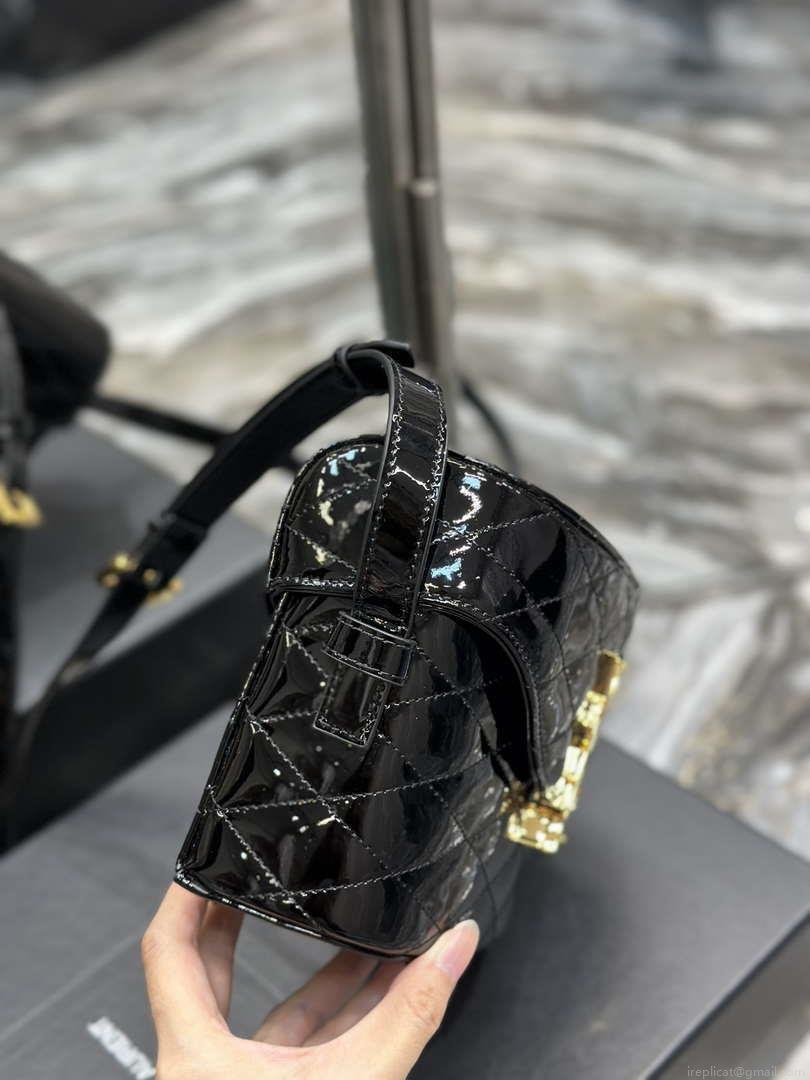 YSL 710080 June Box Bag In Quilted Patent Leather Black with Gold
