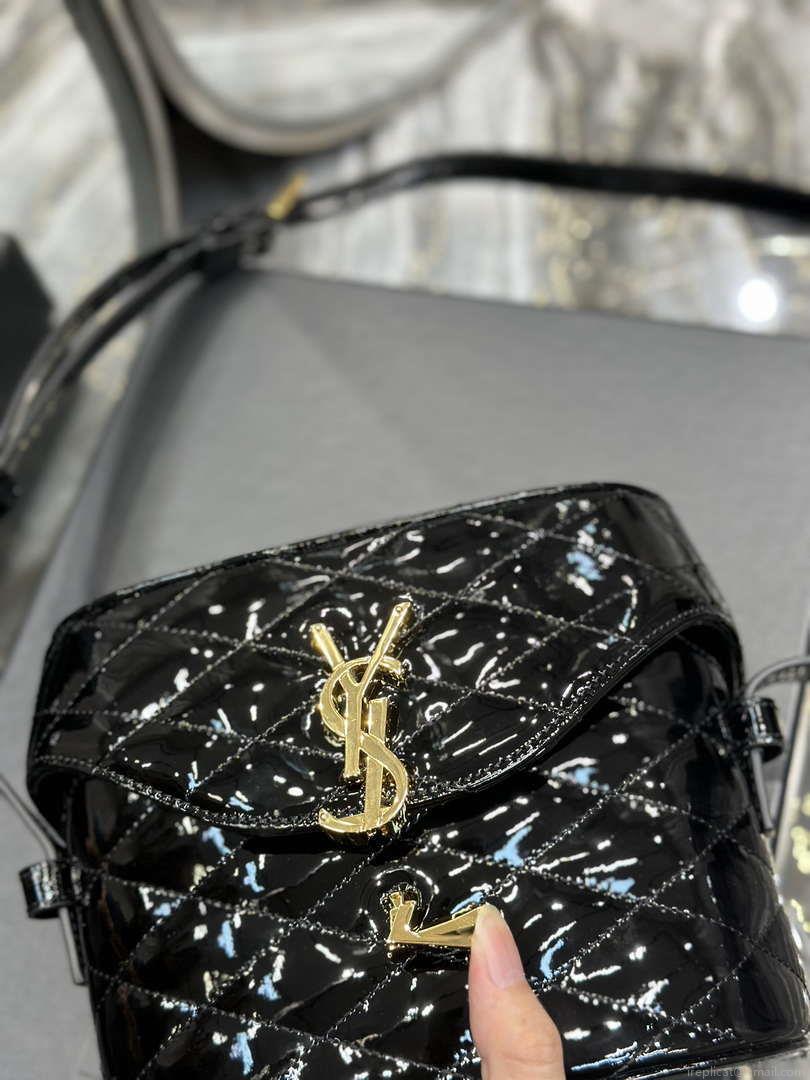 YSL 710080 June Box Bag In Quilted Patent Leather Black with Gold