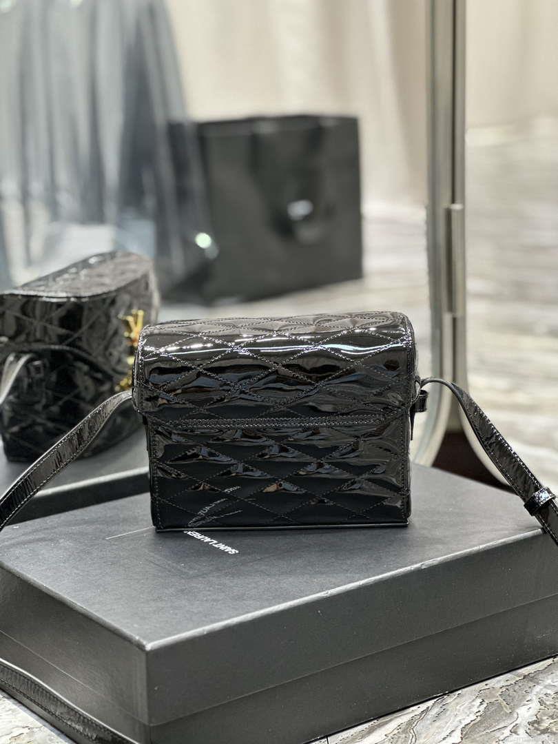 YSL 710080 June Box Bag In Quilted Patent Leather Black with Gold