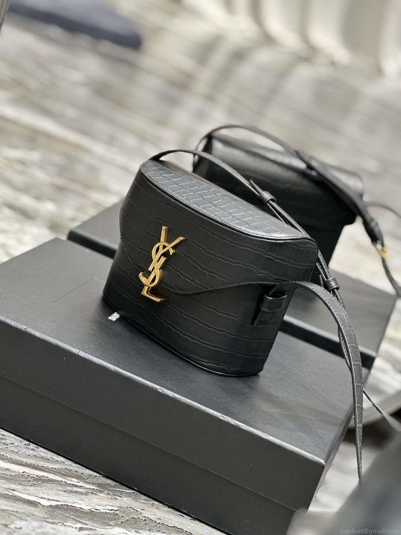YSL 710080 June Box Bag In Quilted Crocodile Printer Leather Black