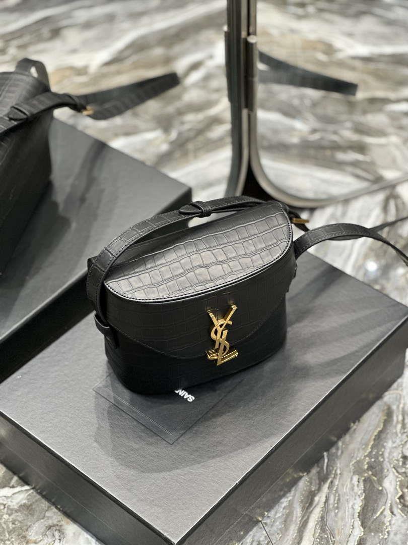 YSL 710080 June Box Bag In Quilted Crocodile Printer Leather Black
