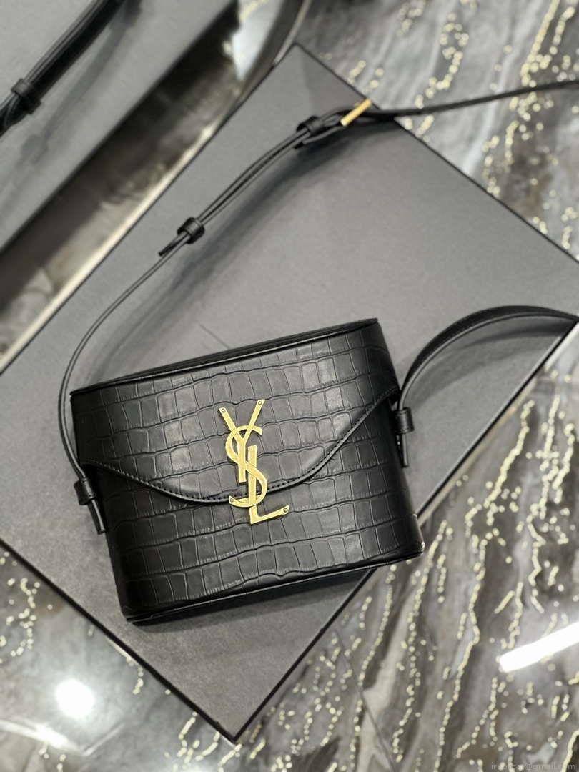 YSL 710080 June Box Bag In Quilted Crocodile Printer Leather Black