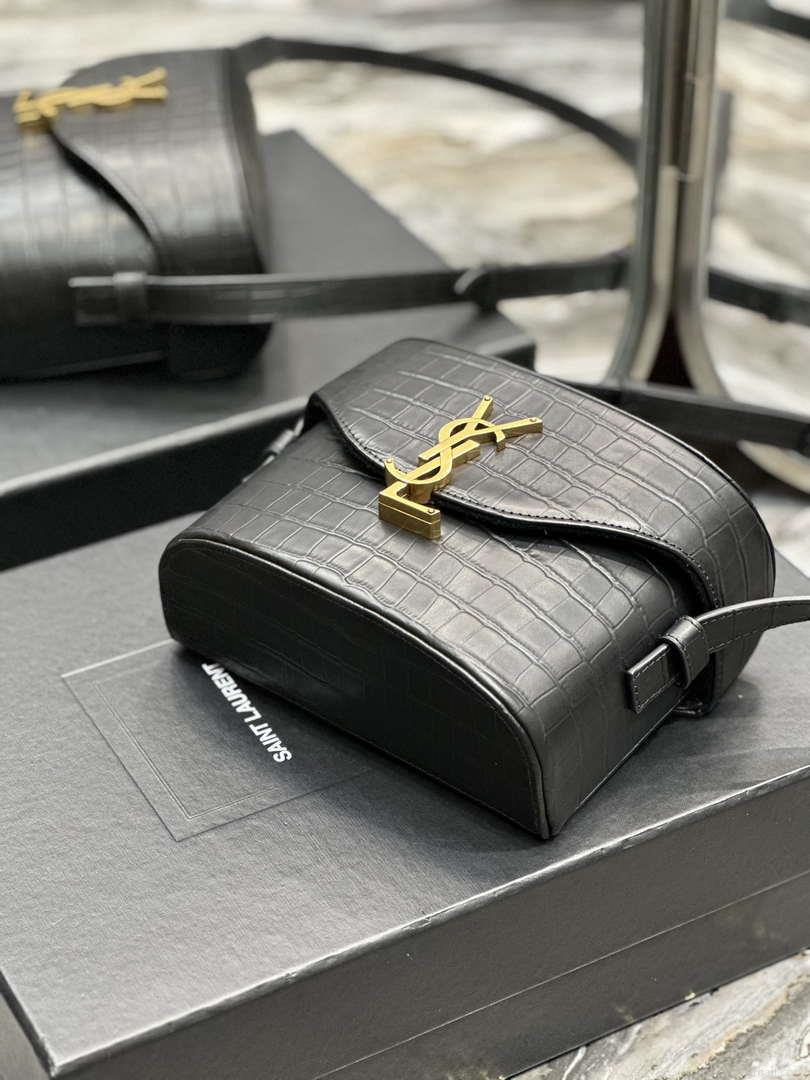 YSL 710080 June Box Bag In Quilted Crocodile Printer Leather Black