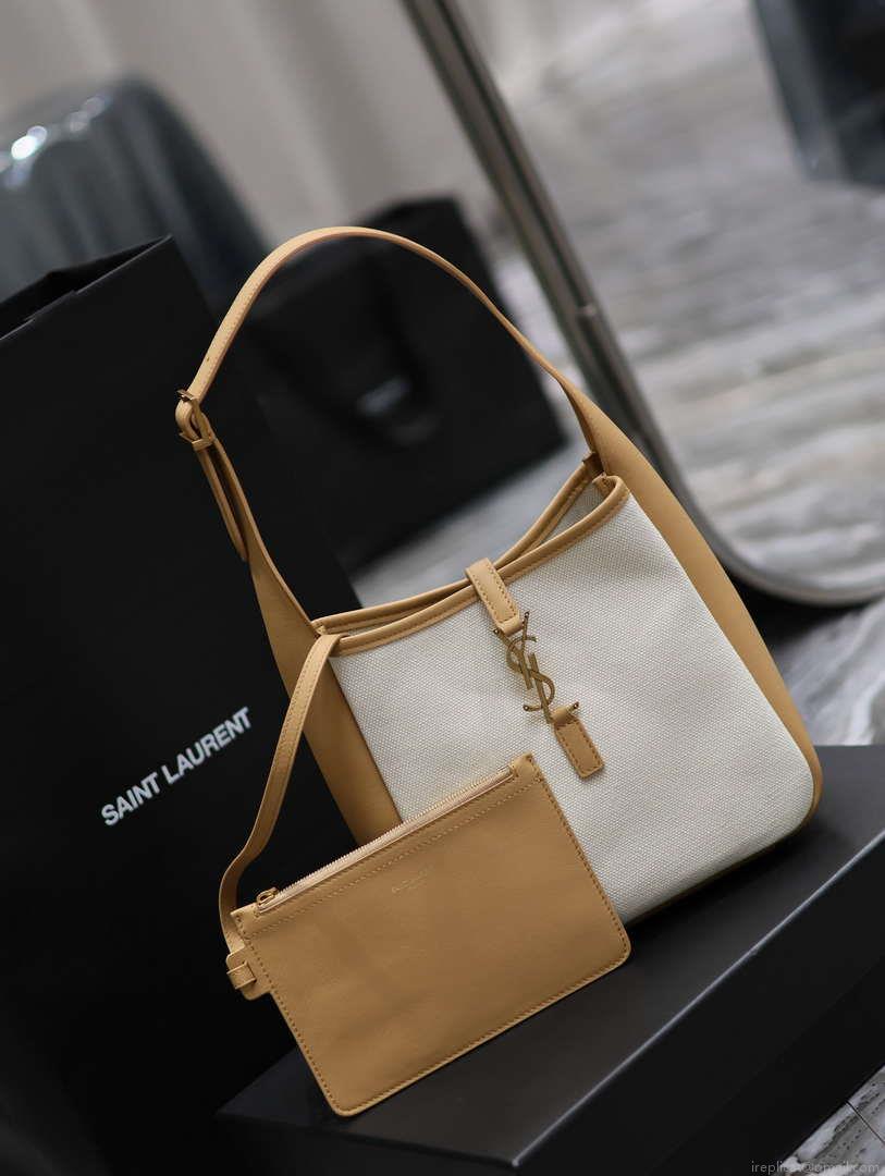 YSL 713938 LE 5 A 7 Supple Small In Camel Grained Leather with Beige canvas