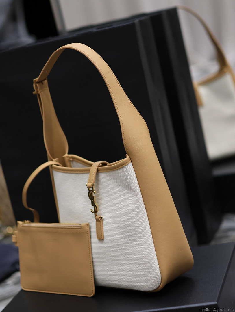 YSL 713938 LE 5 A 7 Supple Small In Camel Grained Leather with Beige canvas