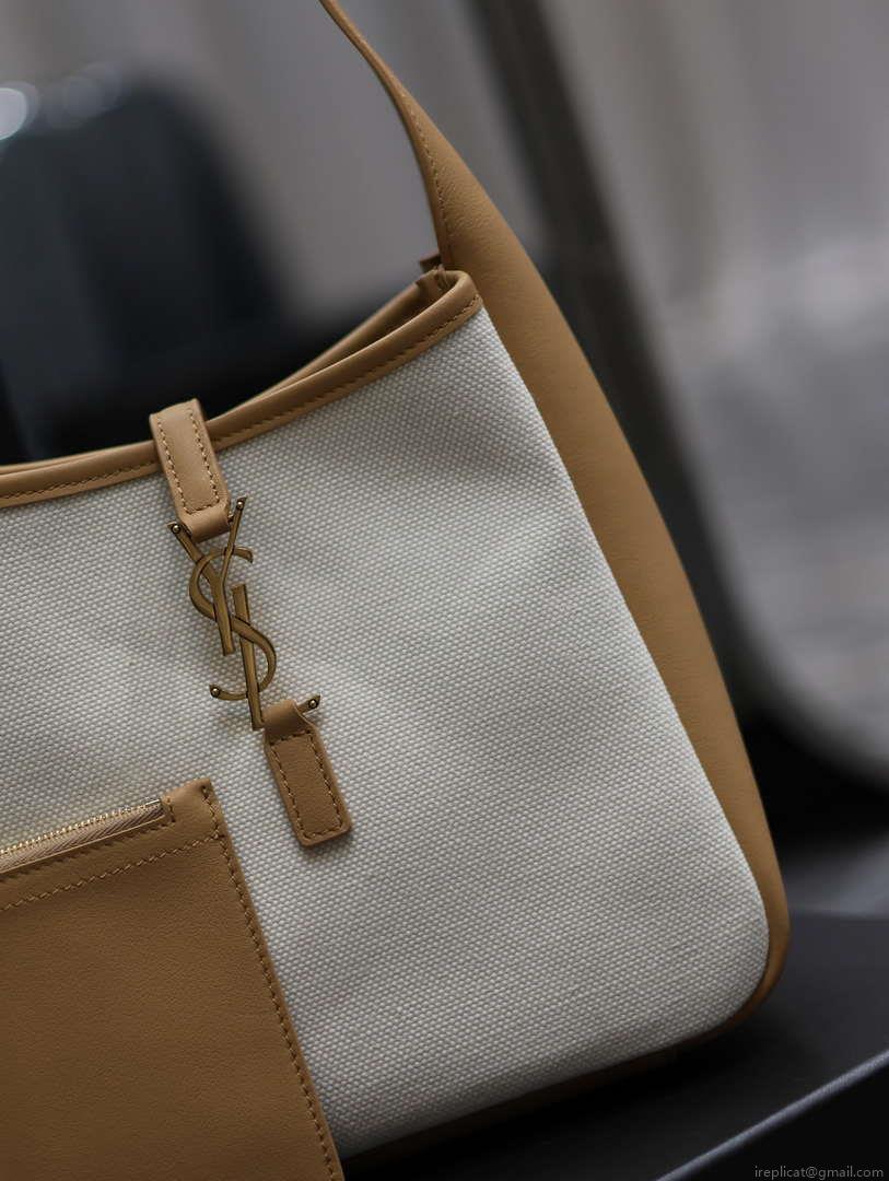 YSL 713938 LE 5 A 7 Supple Small In Camel Grained Leather with Beige canvas
