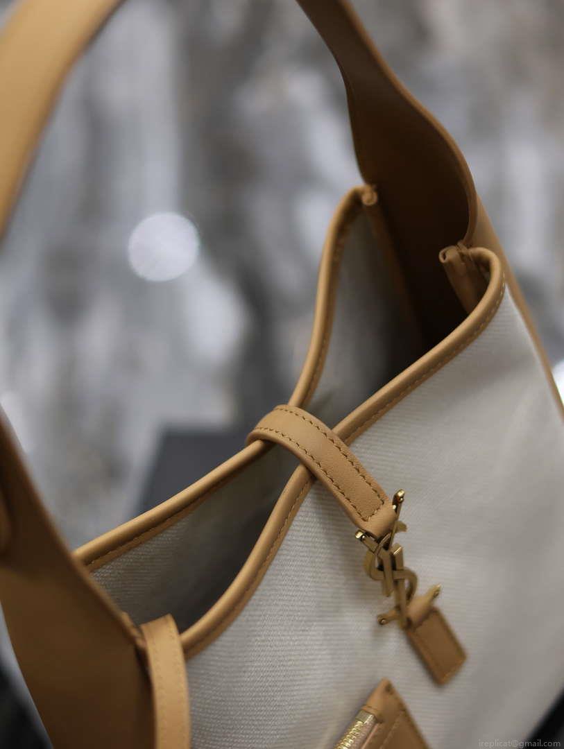YSL 713938 LE 5 A 7 Supple Small In Camel Grained Leather with Beige canvas
