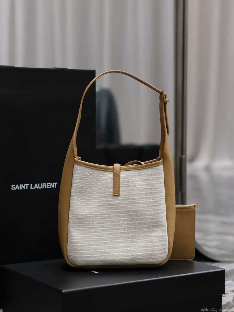 YSL 713938 LE 5 A 7 Supple Small In Camel Grained Leather with Beige canvas