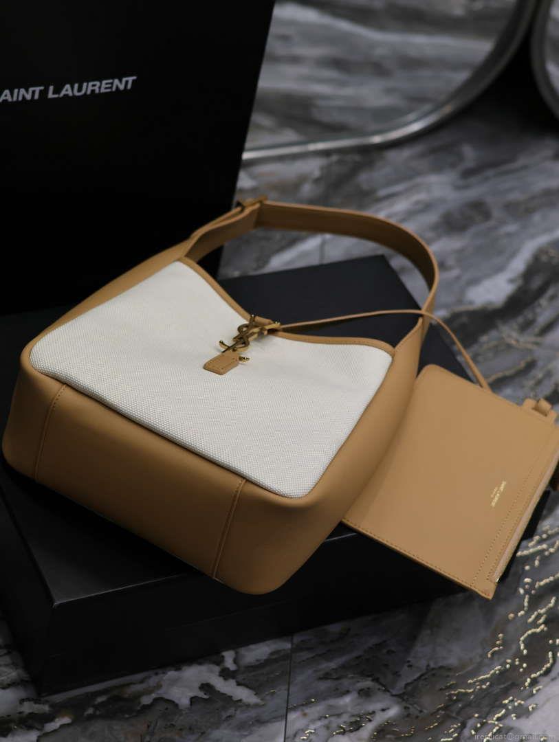 YSL 713938 LE 5 A 7 Supple Small In Camel Grained Leather with Beige canvas