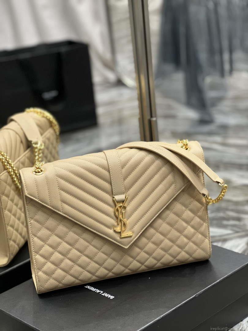 YSL 600166 Envelope Large In Quilted Grain De Poudre Embossed Leather Apricot