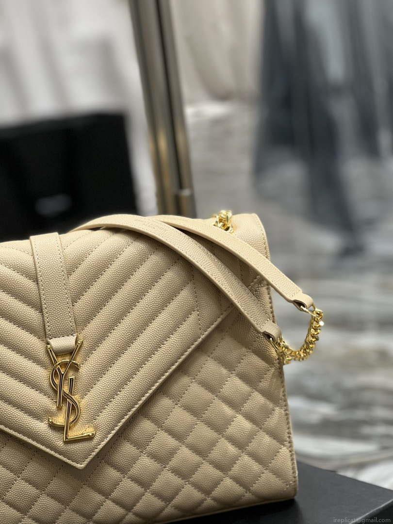 YSL 600166 Envelope Large In Quilted Grain De Poudre Embossed Leather Apricot