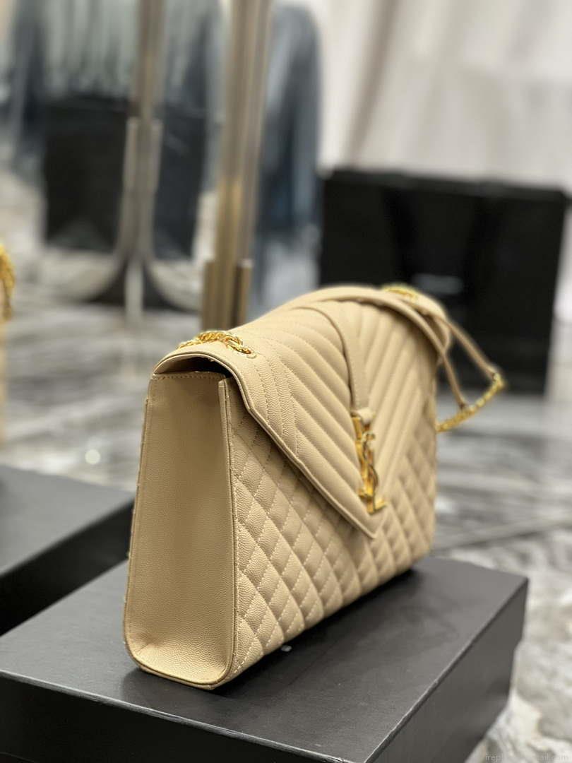 YSL 600166 Envelope Large In Quilted Grain De Poudre Embossed Leather Apricot