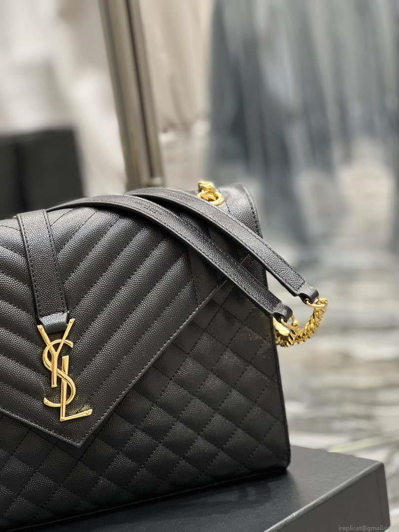 YSL 600166 Envelope Large In Quilted Grain De Poudre Embossed Leather Black