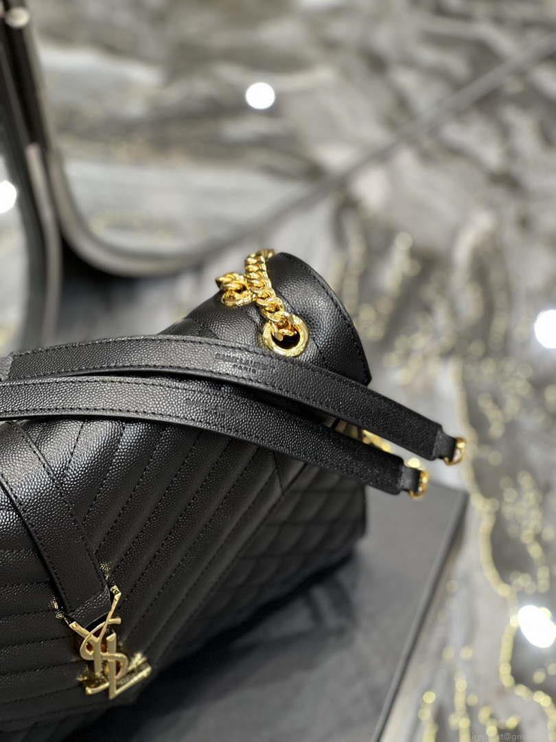 YSL 600166 Envelope Large In Quilted Grain De Poudre Embossed Leather Black