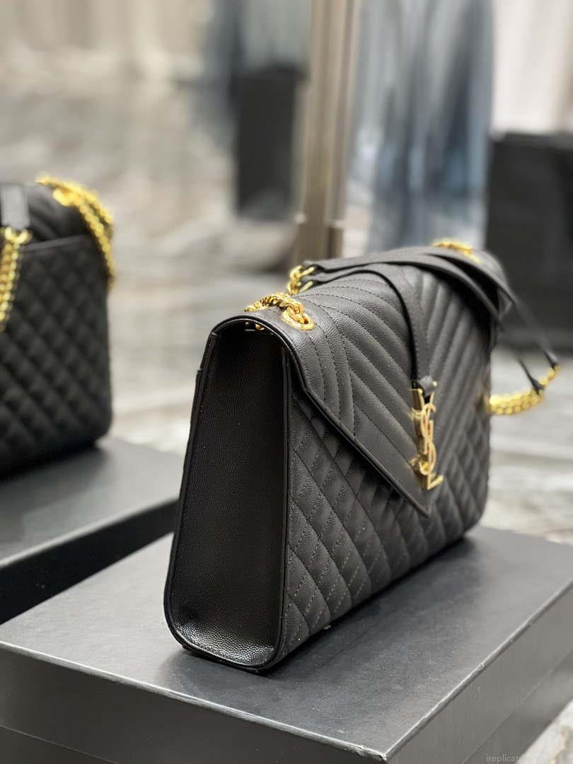 YSL 600166 Envelope Large In Quilted Grain De Poudre Embossed Leather Black