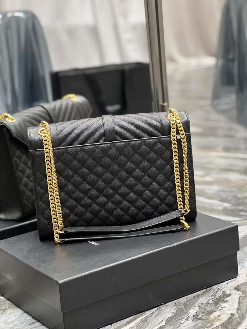 YSL 600166 Envelope Large In Quilted Grain De Poudre Embossed Leather Black
