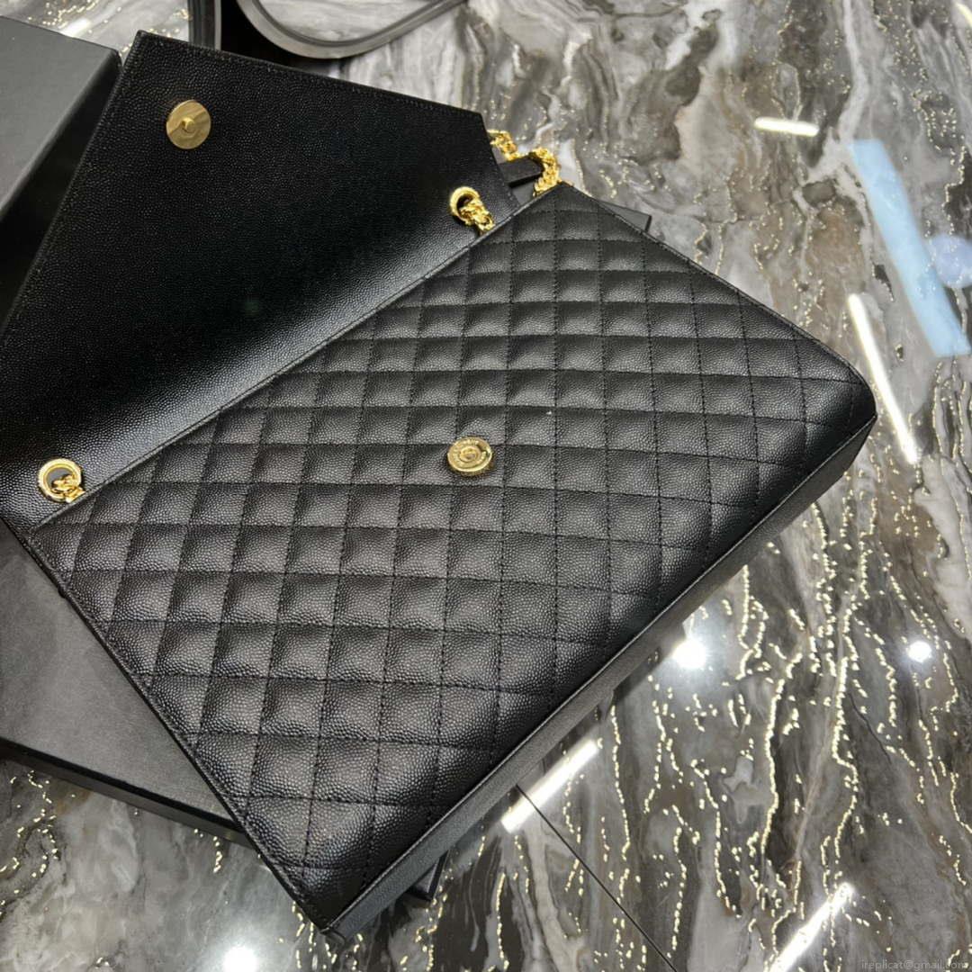 YSL 600166 Envelope Large In Quilted Grain De Poudre Embossed Leather Black
