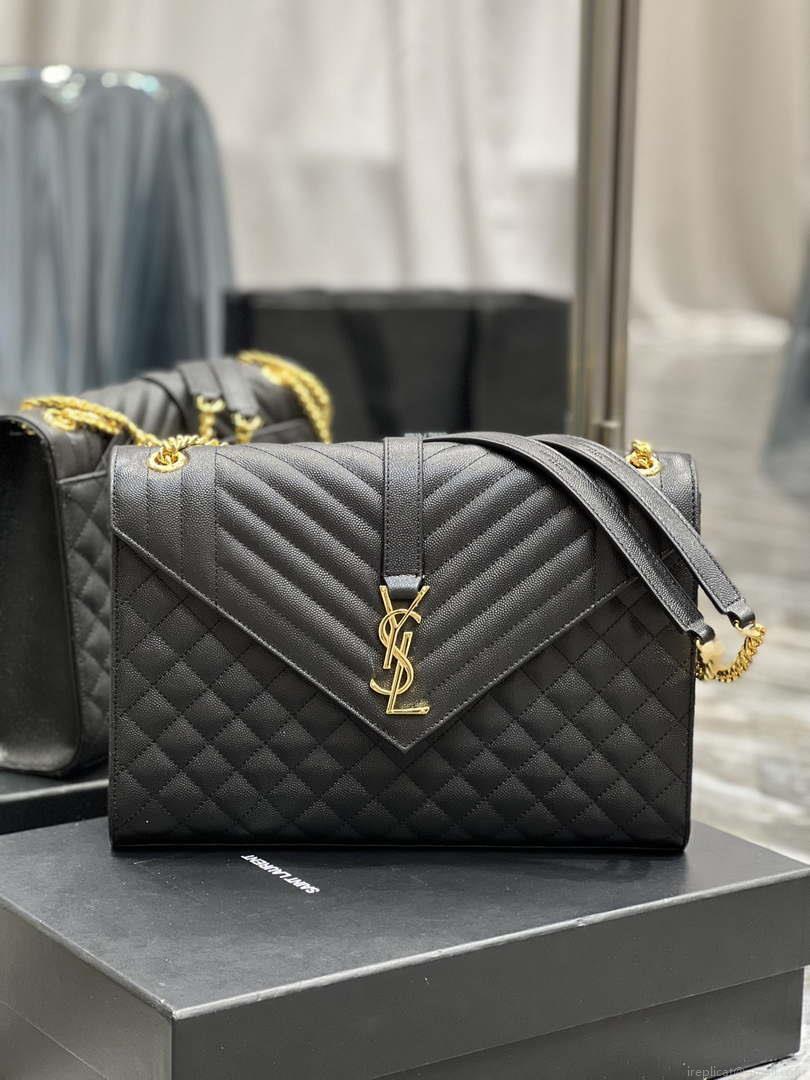 YSL 600166 Envelope Large In Quilted Grain De Poudre Embossed Leather Black