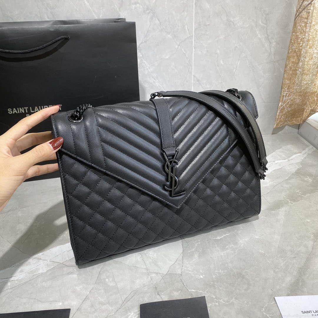 YSL 600166 Envelope Large In Quilted Grain De Poudre Embossed Leather Black With black logo