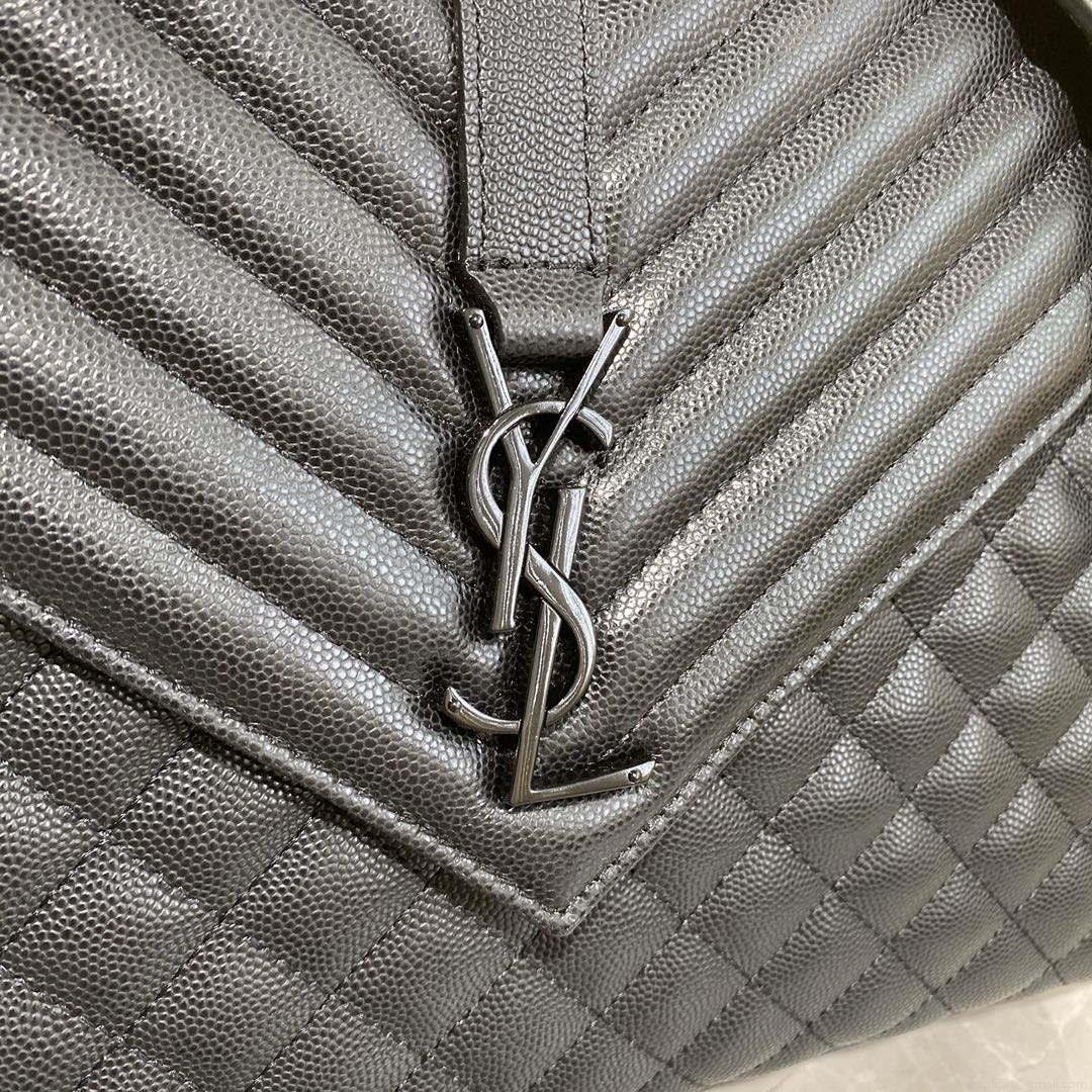 YSL 600166 Envelope Large In Quilted Grain De Poudre Embossed Leather Black With black logo