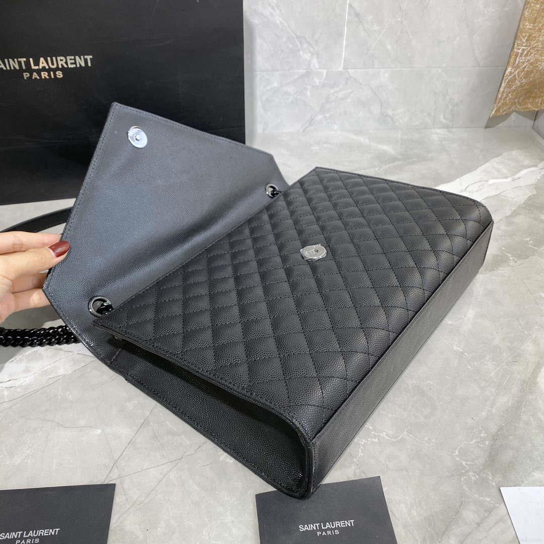 YSL 600166 Envelope Large In Quilted Grain De Poudre Embossed Leather Black With black logo