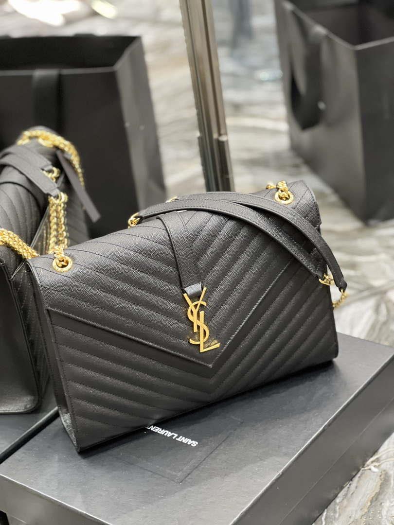 YSL 600166 Envelope Large In Quilted Grain De Poudre Embossed Leather Black V gird