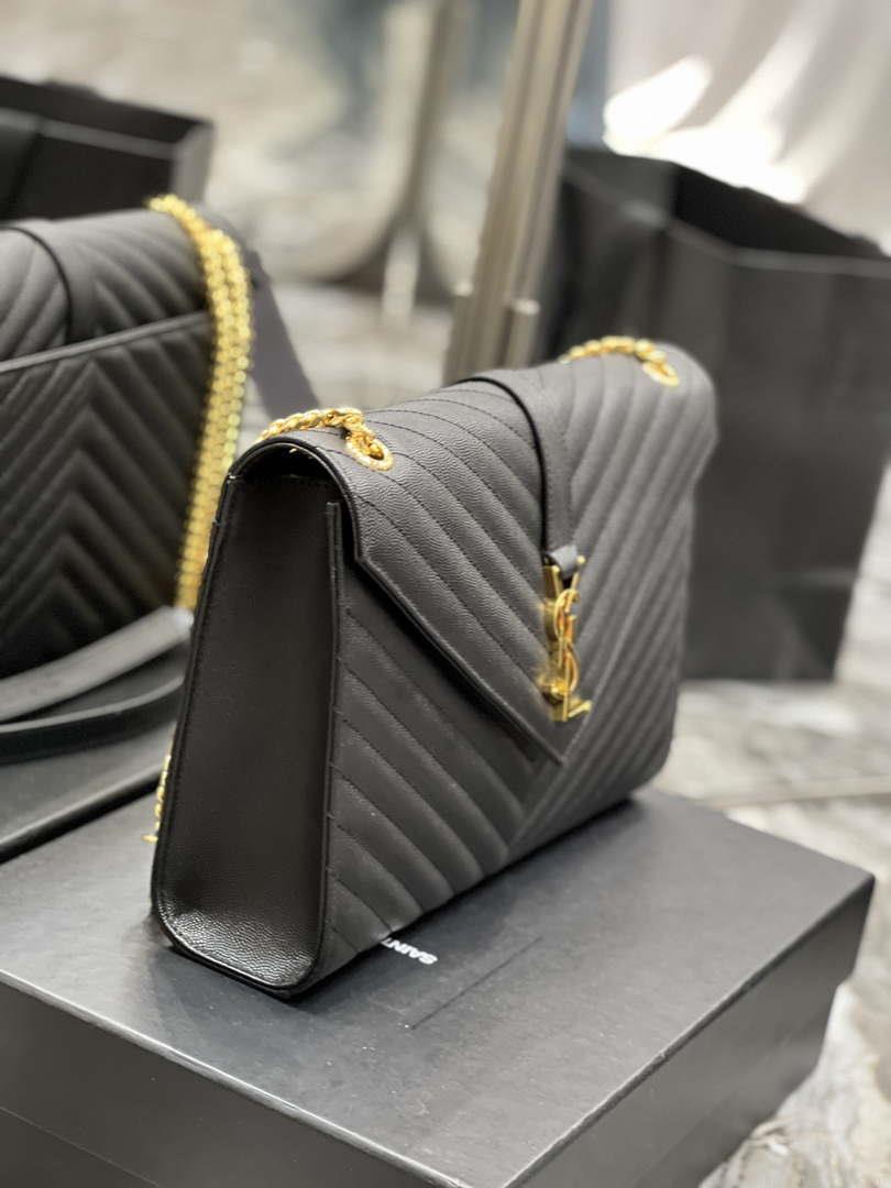 YSL 600166 Envelope Large In Quilted Grain De Poudre Embossed Leather Black V gird