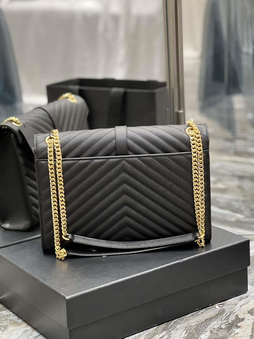 YSL 600166 Envelope Large In Quilted Grain De Poudre Embossed Leather Black V gird