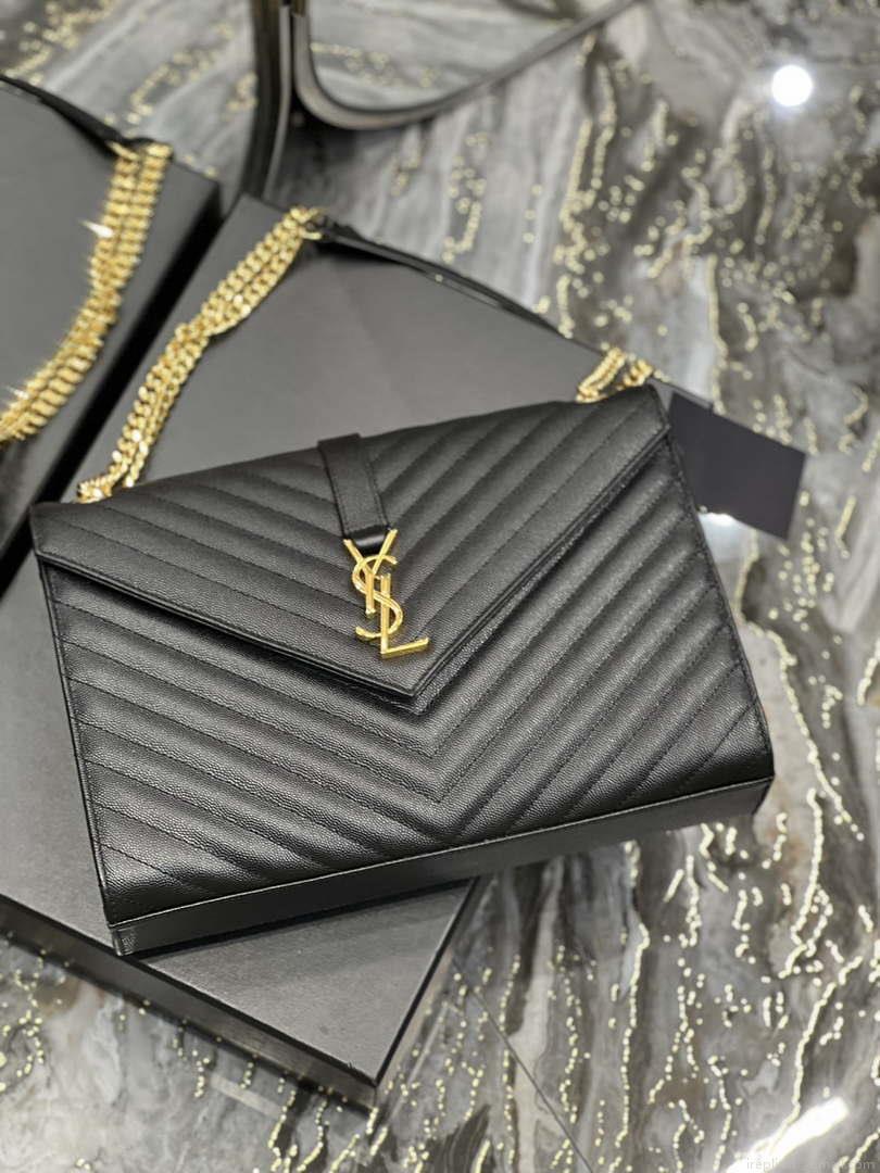YSL 600166 Envelope Large In Quilted Grain De Poudre Embossed Leather Black V gird