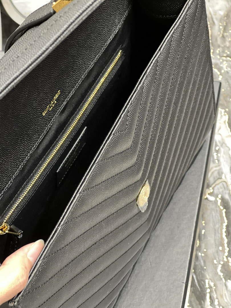 YSL 600166 Envelope Large In Quilted Grain De Poudre Embossed Leather Black V gird