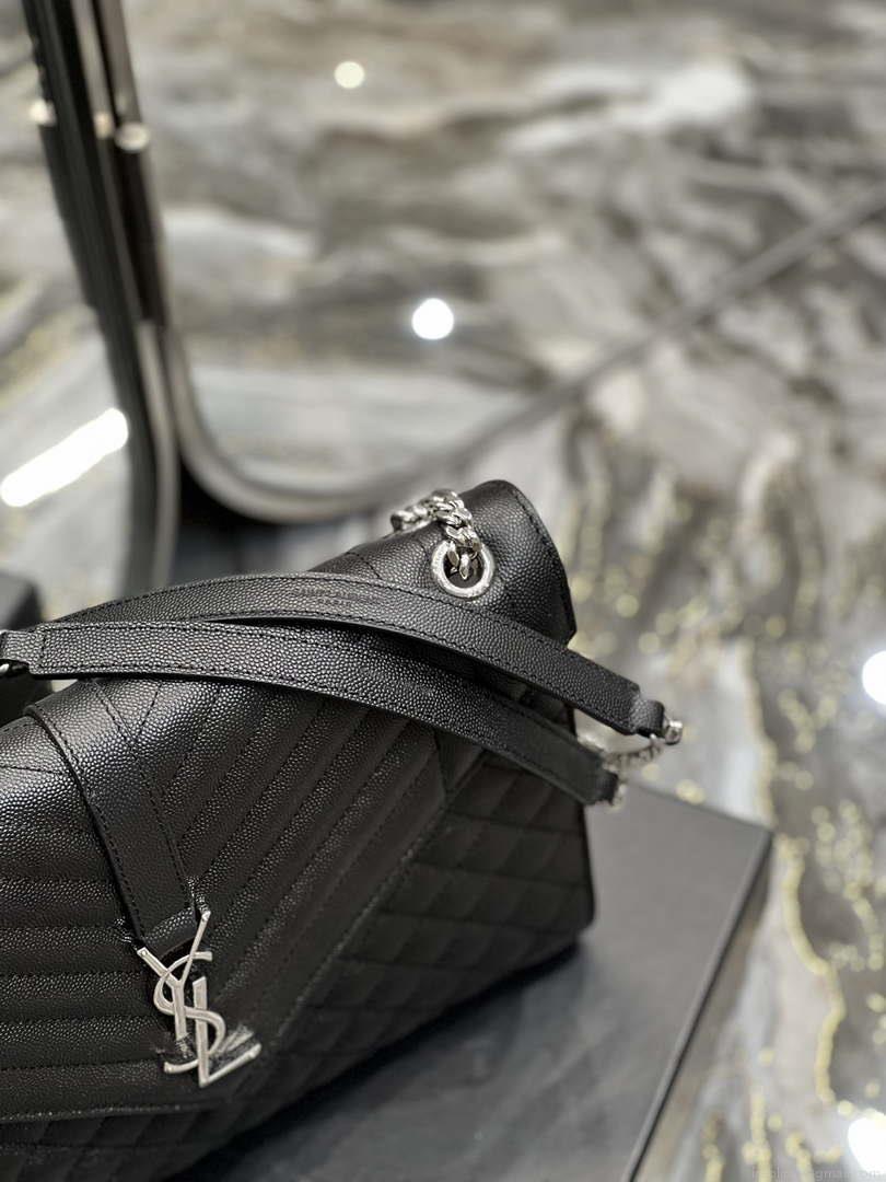 YSL 600166 Envelope Large In Quilted Grain De Poudre Embossed Leather Black Silver