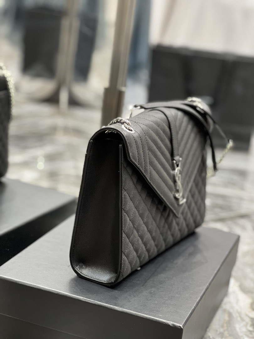 YSL 600166 Envelope Large In Quilted Grain De Poudre Embossed Leather Black Silver