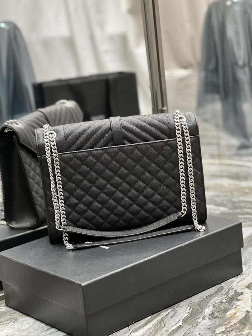 YSL 600166 Envelope Large In Quilted Grain De Poudre Embossed Leather Black Silver