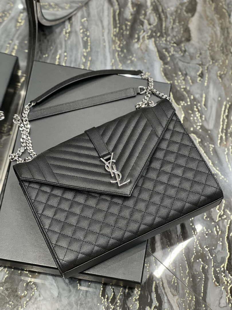 YSL 600166 Envelope Large In Quilted Grain De Poudre Embossed Leather Black Silver