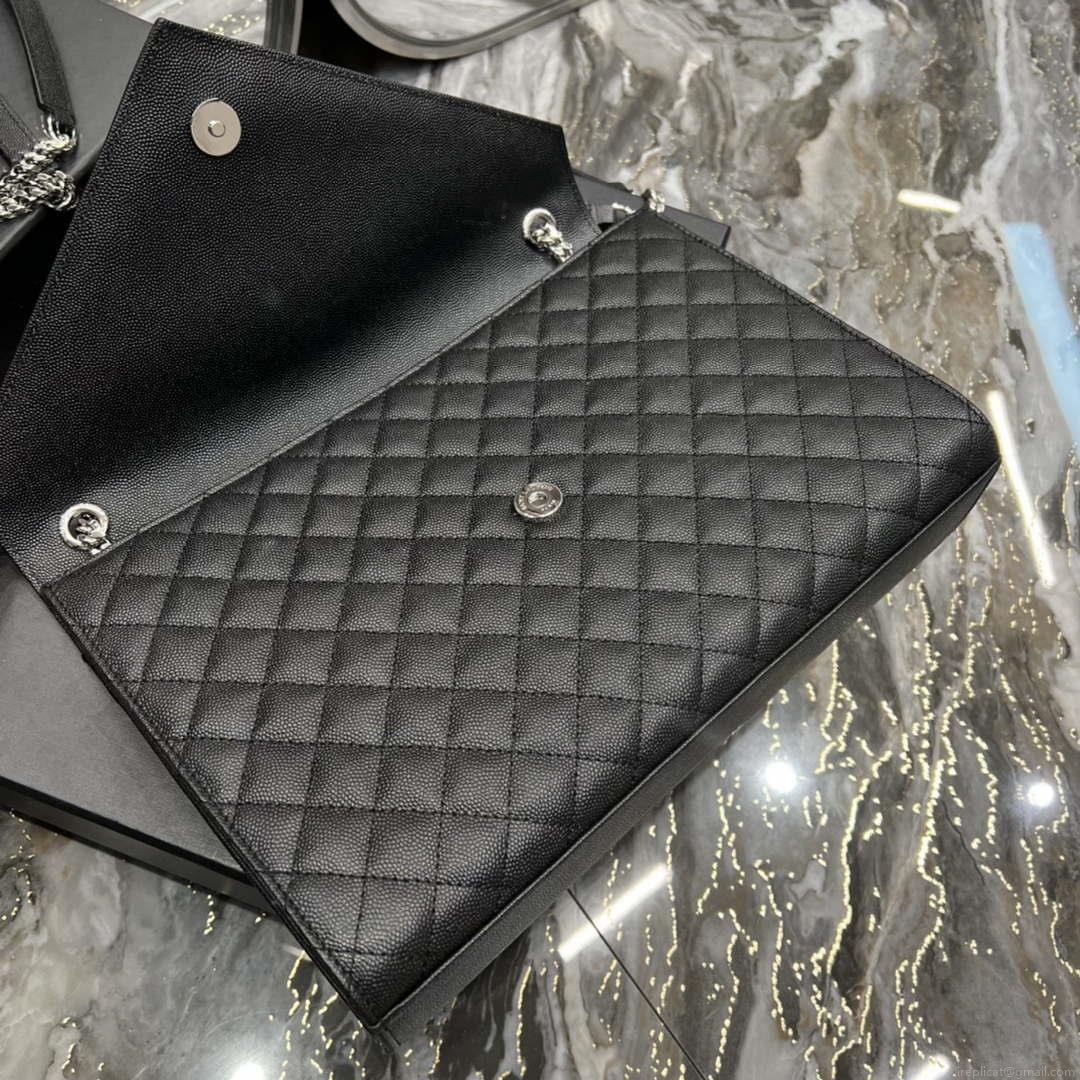 YSL 600166 Envelope Large In Quilted Grain De Poudre Embossed Leather Black Silver