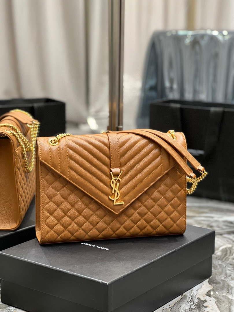YSL 600166 Envelope Large In Quilted Grain De Poudre Embossed Leather Black Caramel