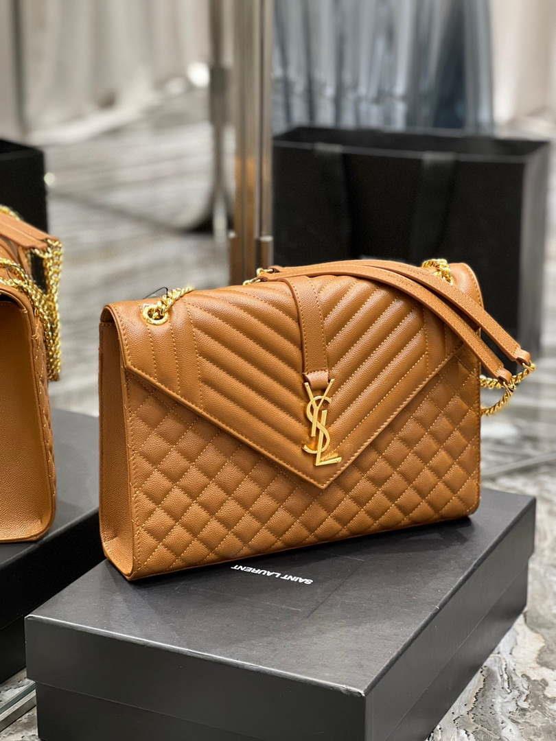 YSL 600166 Envelope Large In Quilted Grain De Poudre Embossed Leather Black Caramel