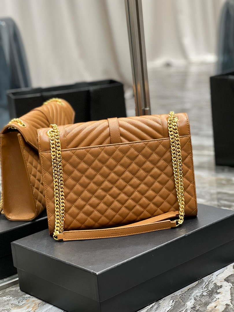 YSL 600166 Envelope Large In Quilted Grain De Poudre Embossed Leather Black Caramel