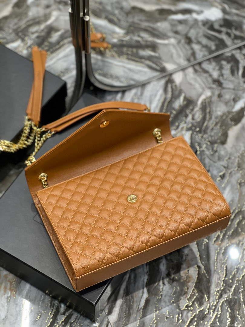 YSL 600166 Envelope Large In Quilted Grain De Poudre Embossed Leather Black Caramel