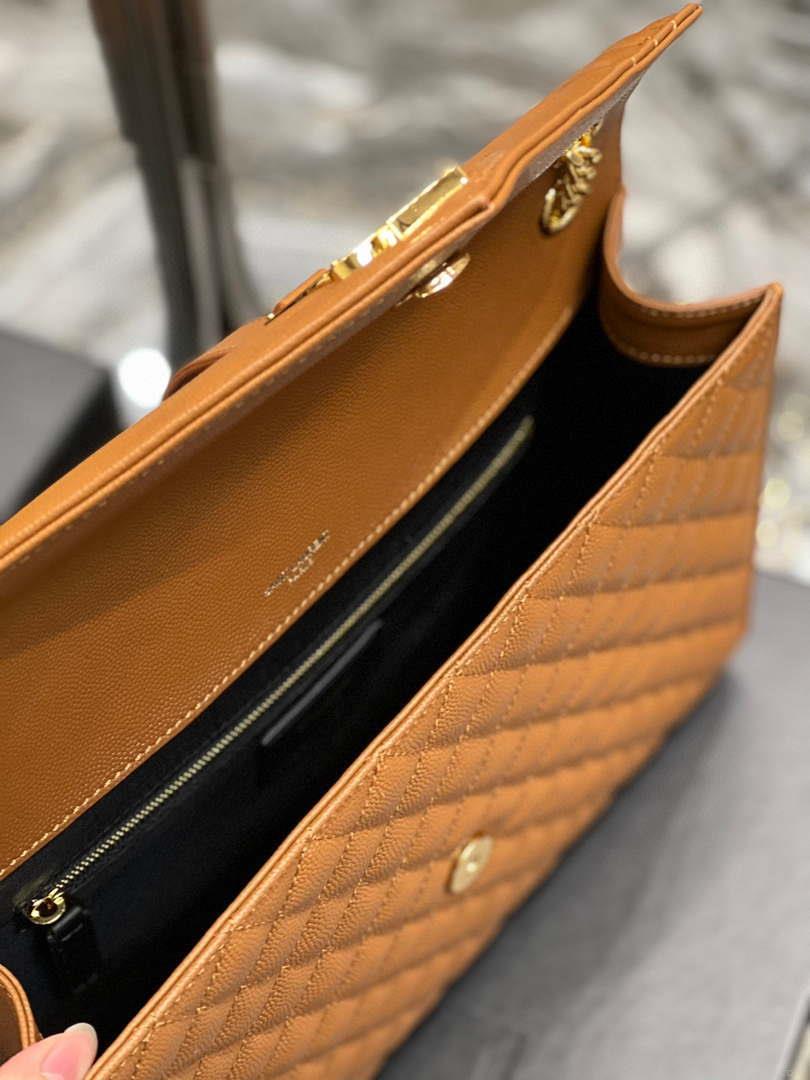 YSL 600166 Envelope Large In Quilted Grain De Poudre Embossed Leather Black Caramel