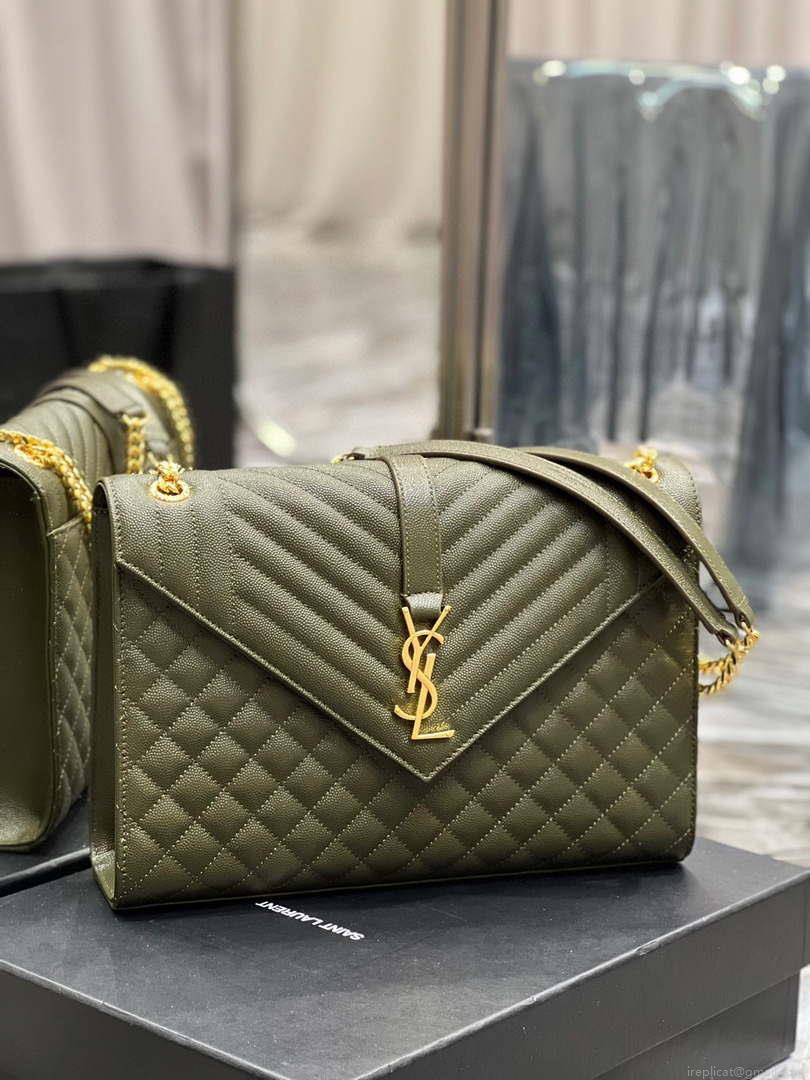 YSL 600166 Envelope Large In Quilted Grain De Poudre Embossed Leather Black Green