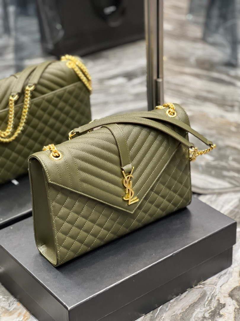 YSL 600166 Envelope Large In Quilted Grain De Poudre Embossed Leather Black Green