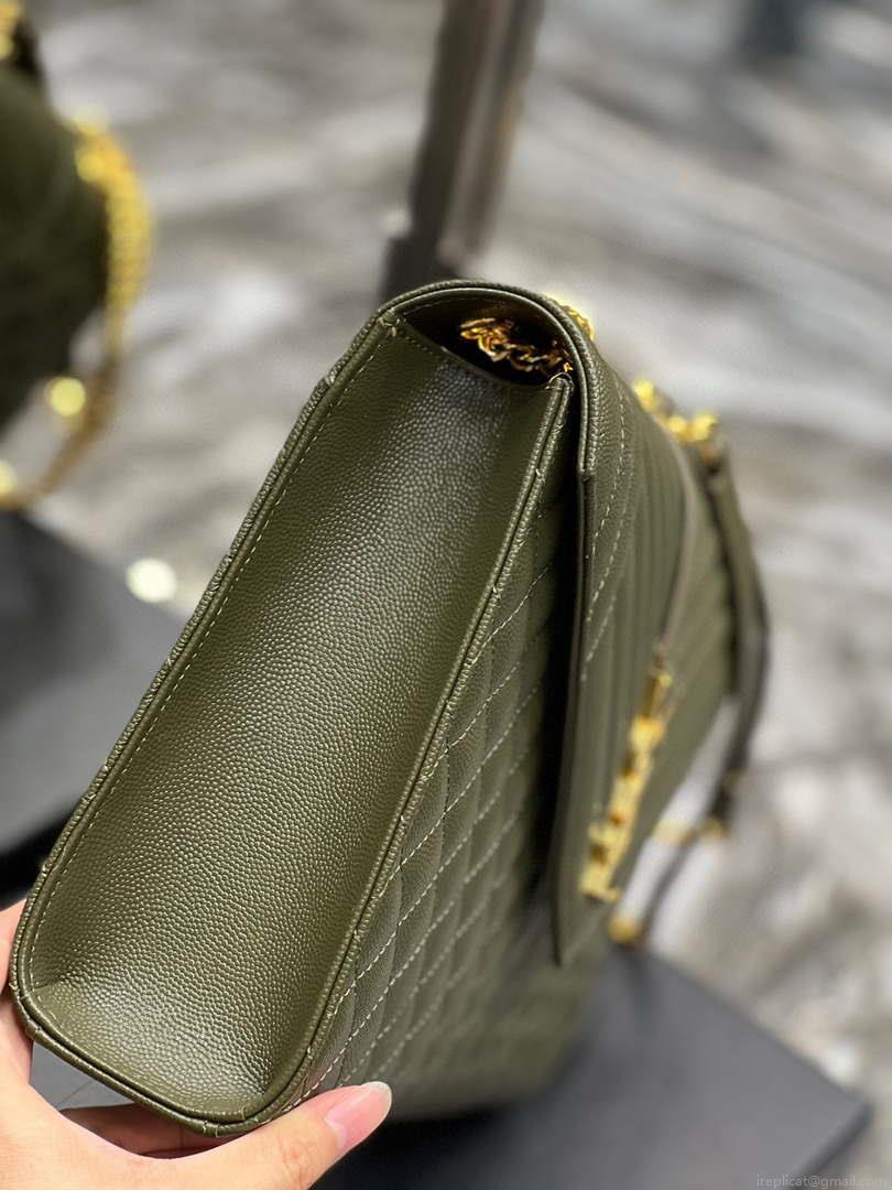 YSL 600166 Envelope Large In Quilted Grain De Poudre Embossed Leather Black Green